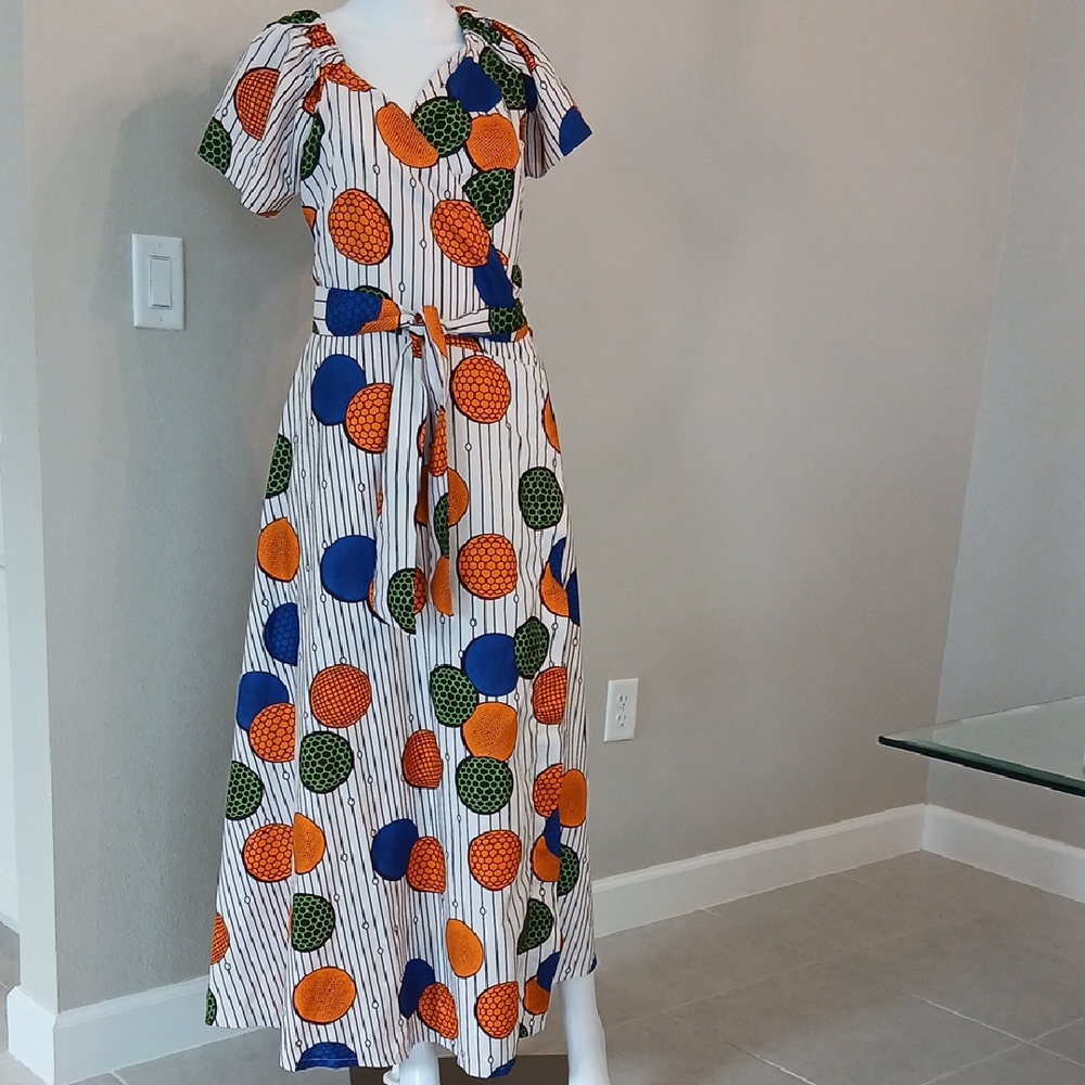 Colorful Patterned Maxi Wrap Dress W/pockets